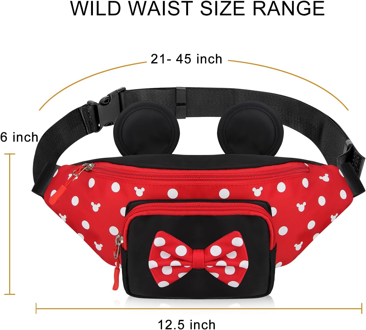 Disney Minnie Mouse Fanny Pack for Women, Travel Waist Bag with Mouse Ears, Teen Girls Belt Pack, Outdoor Hiking Bum Bag