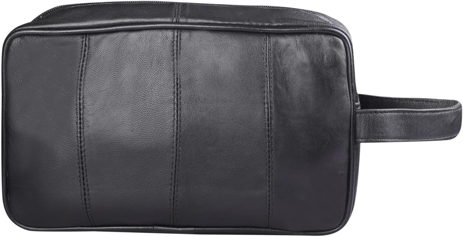 Mens Large Genuine Leather Travel Overnight Wash Gym Toiletry Shaving Bag 3520 Black