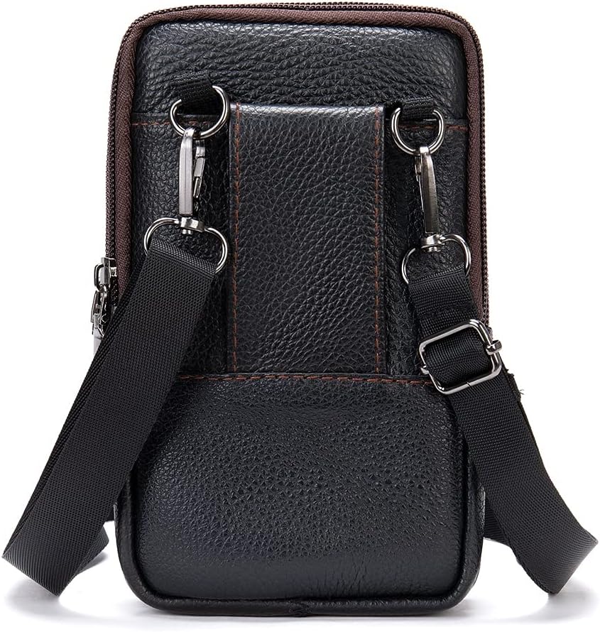 Mens Leather Black Waist Pouch, Crossbody Bag Men, Vertical Cell Phone Belt Loop Holster Smartphone Shoulder Messenger Bag Zipper Cross Body Purse Handbag Wallet