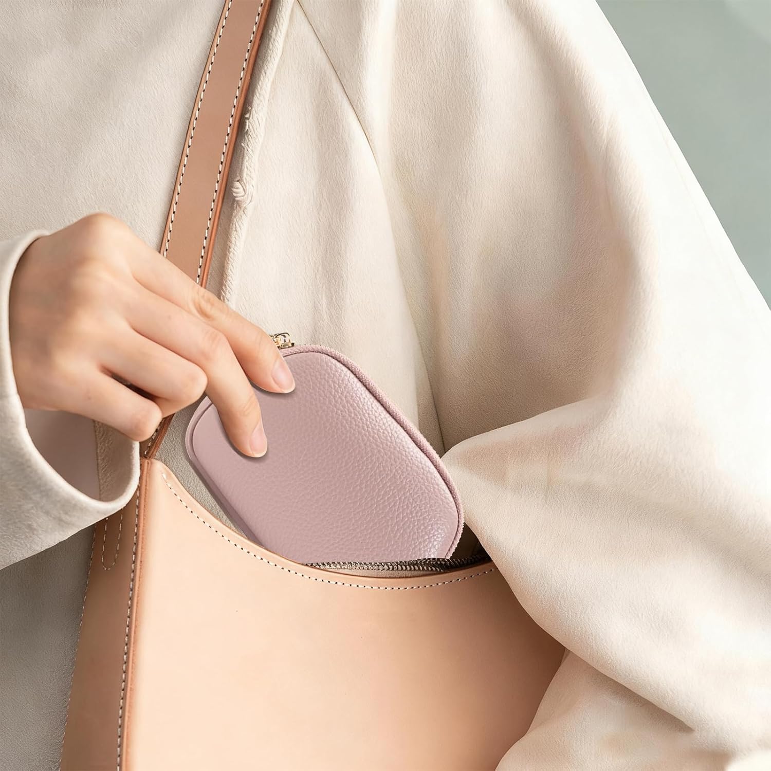 Women Small Coin Pouch Purses Mini Leather Change Wallet Women Zipper Pocket with Keychain (Pink)