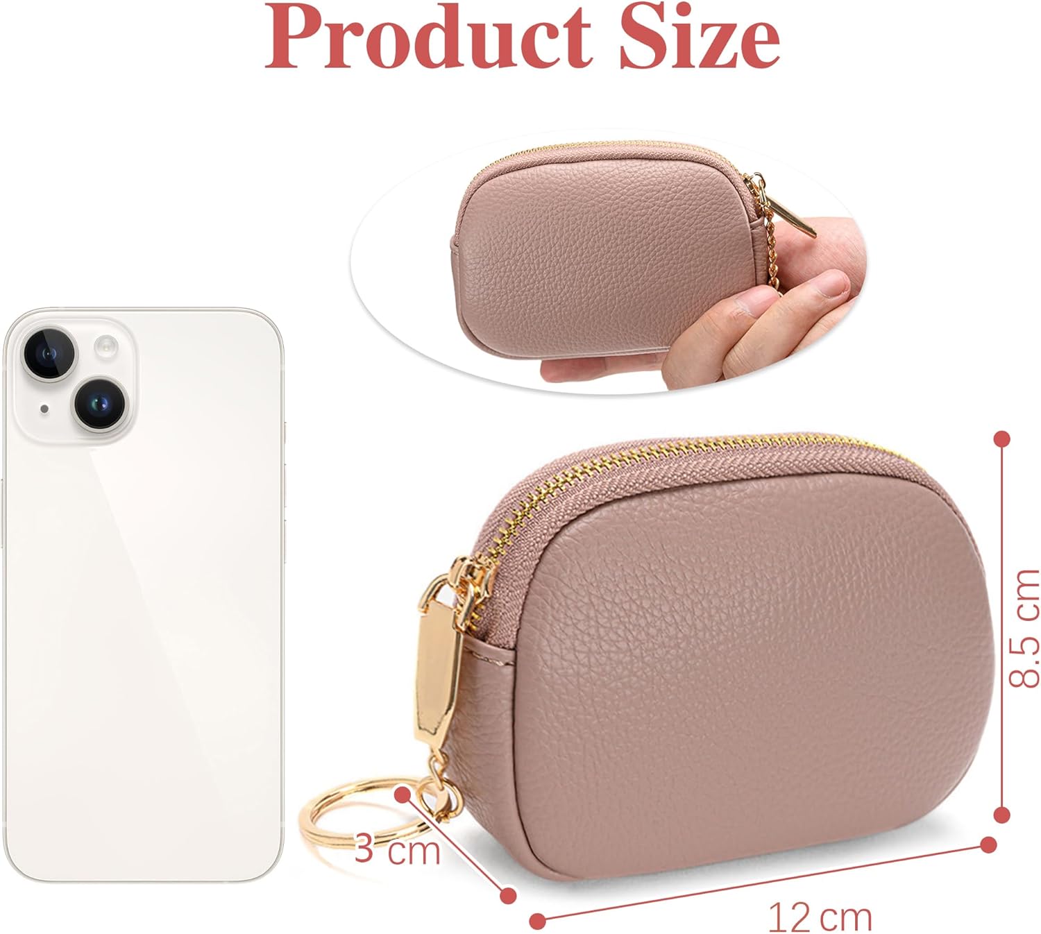 Women Small Coin Pouch Purses Mini Leather Change Wallet Women Zipper Pocket with Keychain (Pink)