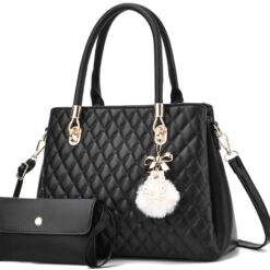 I IHAYNER Womens Leather Handbag and Wallet Set Top Handle Tote Satchel Shoulder Bag for Ladies with Pompom 2 Piece Purse Set