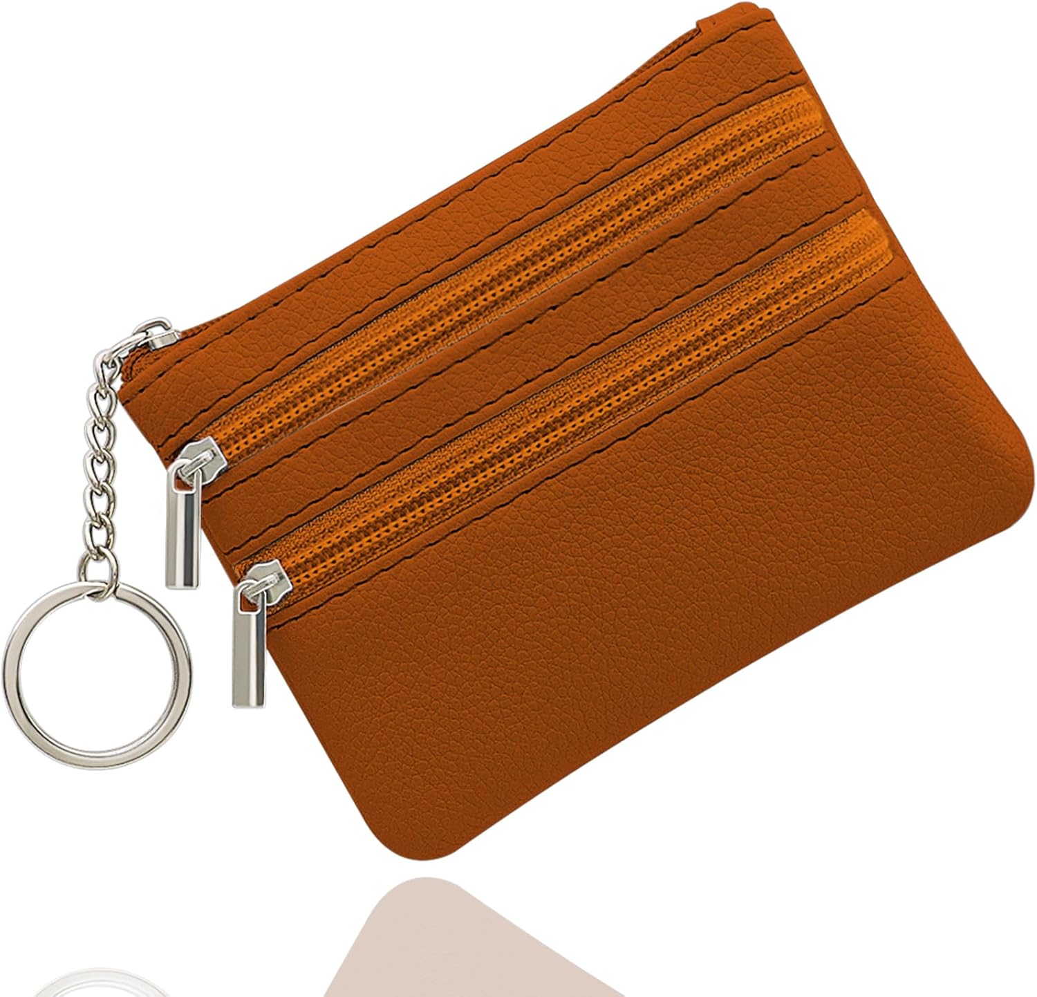 Women's Genuine Leather Coin Purse, Change Wallet, Mini Pouch Change Wallet, Zipper Mini Cash Wallet with Key Ring, Brown (LQB-ZE-01)
