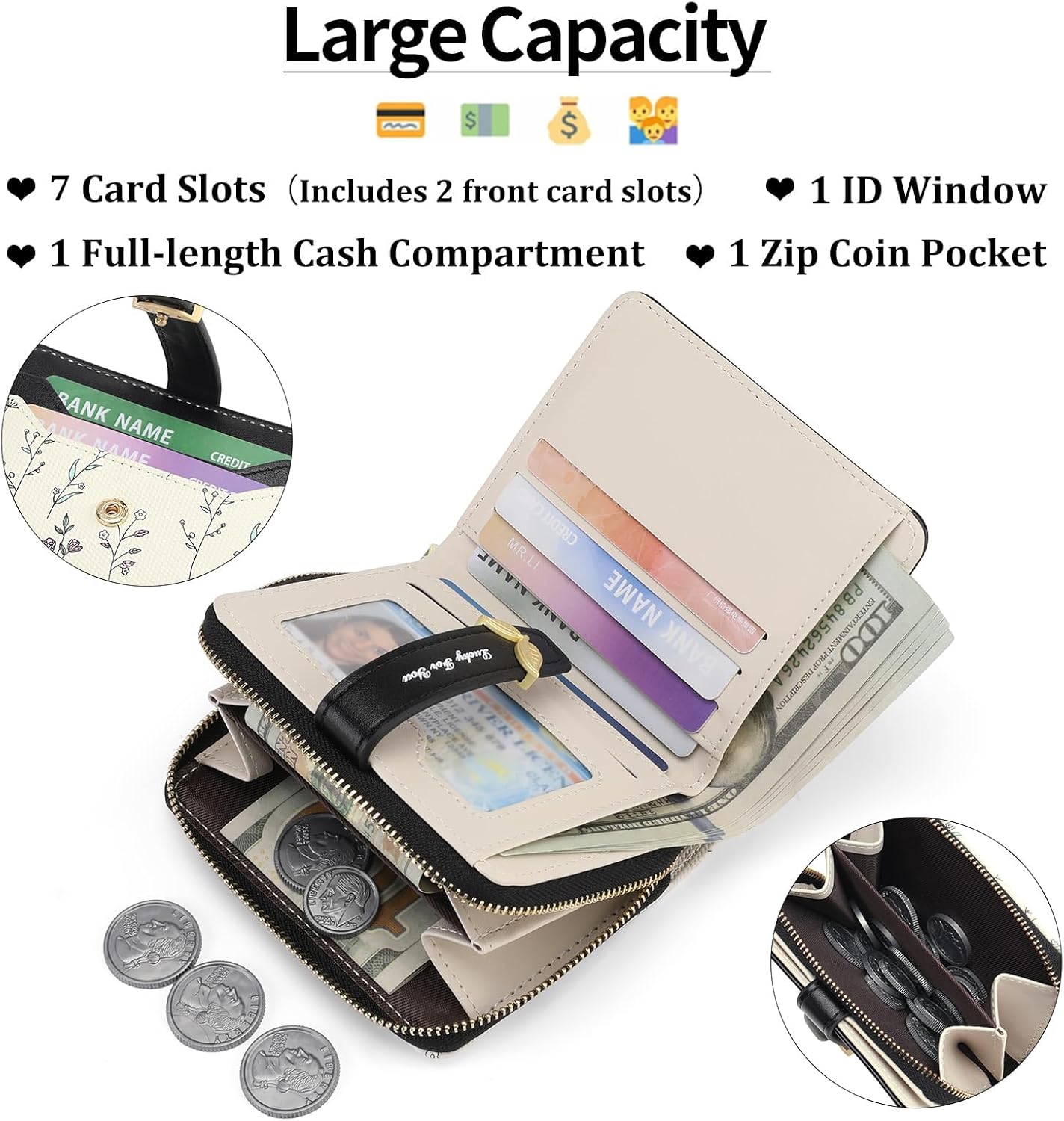 GAEKEAO Purses for Women Small Ladies Purse Cute Leather Bifold Compact Womens Wallet RFID Blocking with Zipper Pocket ID Window Black