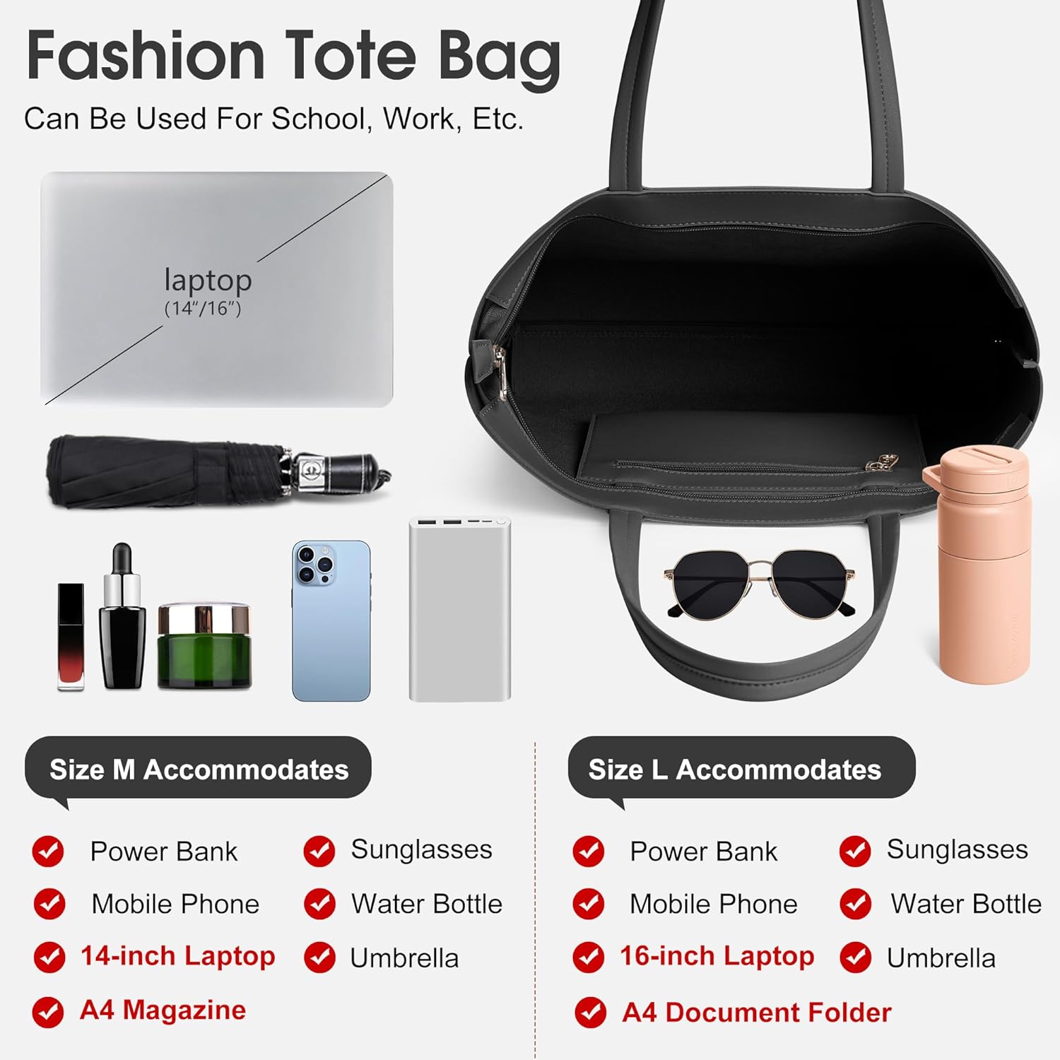 KALIDI Women'S Large Leather Tote Bags For Work School, Featuring Metal Zip Fasteners And Pockets