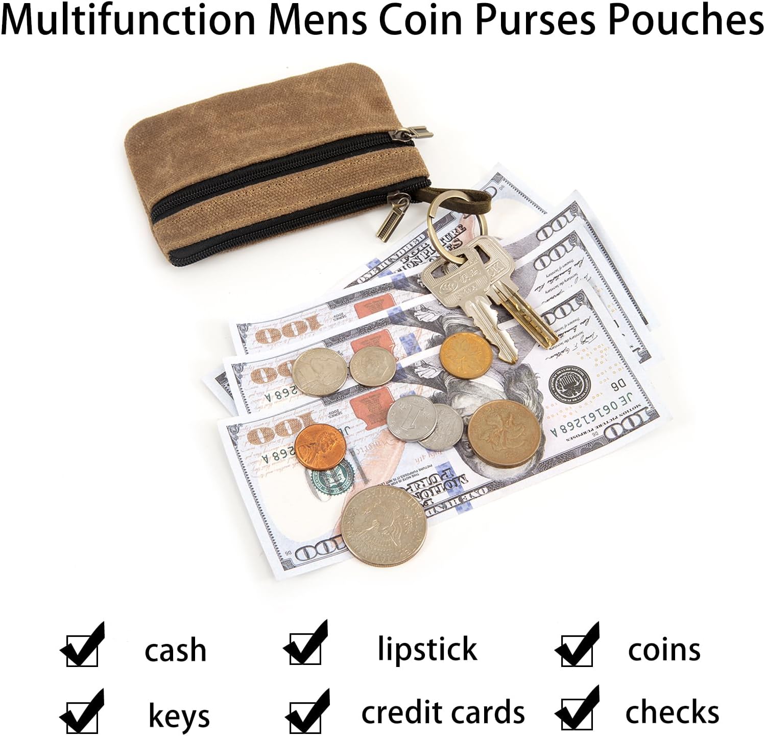 Mens Tray Purses Coin Purse,Coin Pouch,Cash Wallet,Small Change Purse Keychain for Coins Pocket Zipper Wallet with Key Ring,Gifts for Men Dad Father (Coffee)