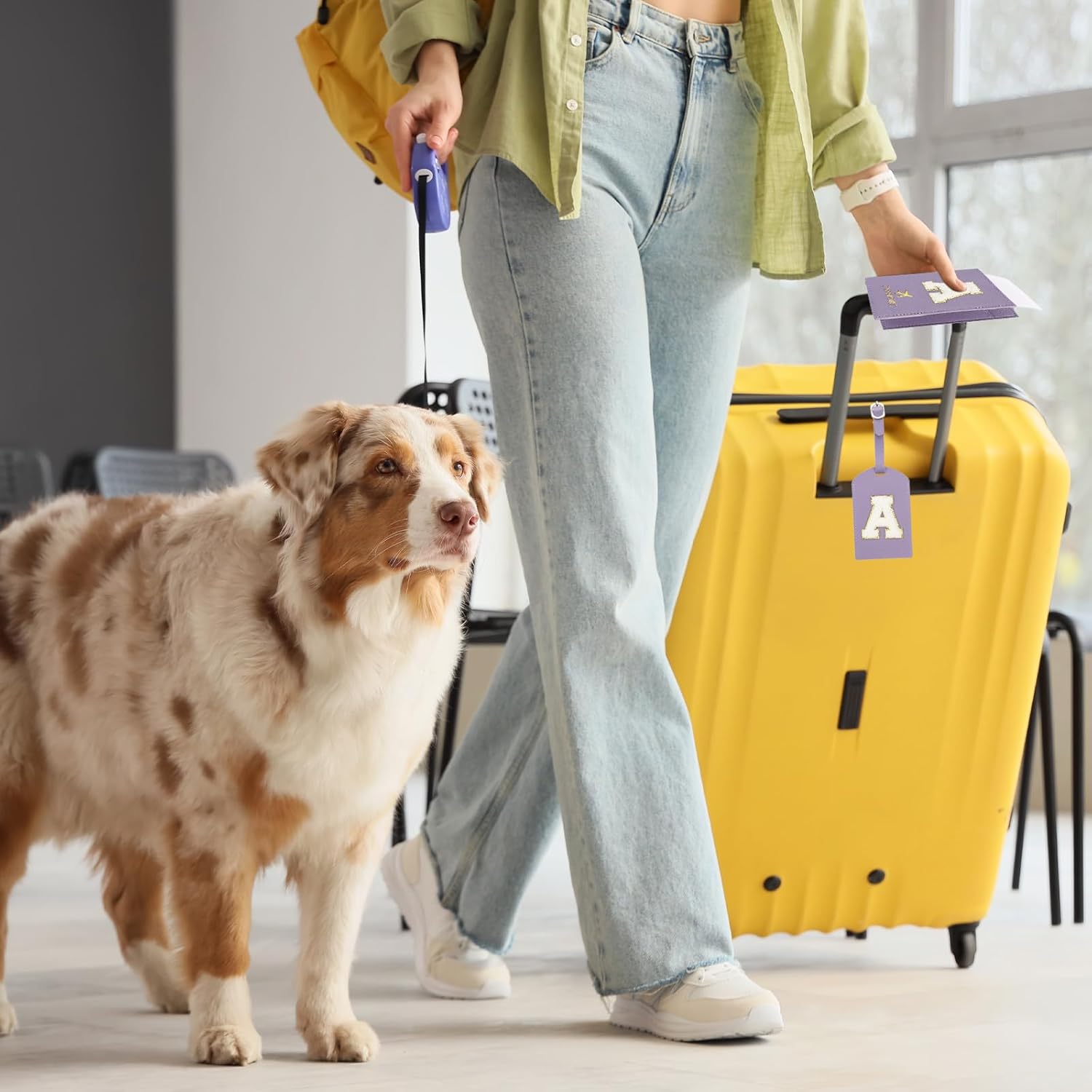 PATIKIL Passport Holder for Travel, Initial Passport Cover and Luggage Tag Set with Alphabet Chenille Letter Patch Travel Wallet Bag Suitcase Identifier for Women Family Travel Purple E