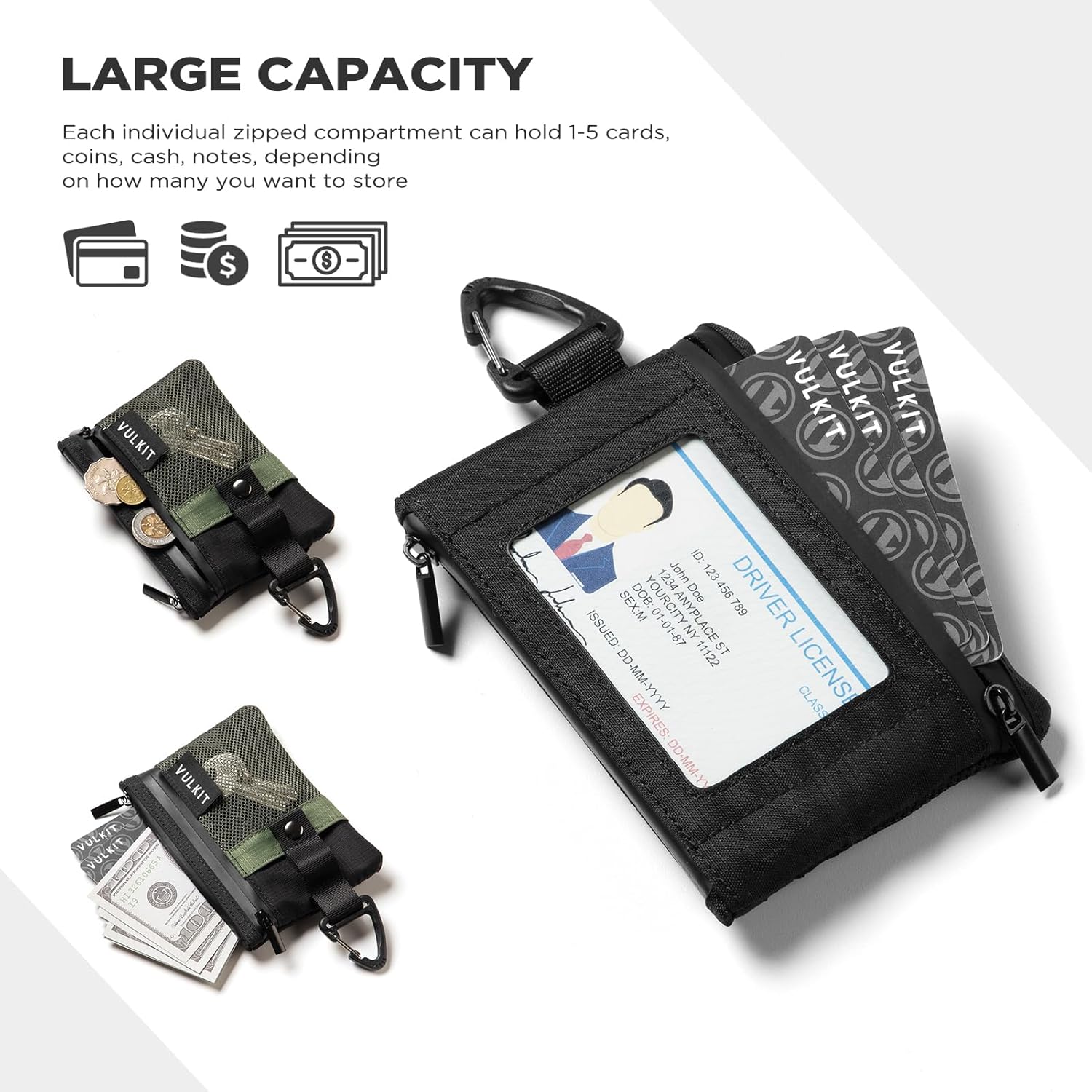 VULKIT Minimalist Small Wallet with ID Window, RFID Blocking Card Holder Water Resistant Zip ID Card Case Wallet with Lanyard Keychain for Cards,Cash,Key, Coin (Army-Green-Black)