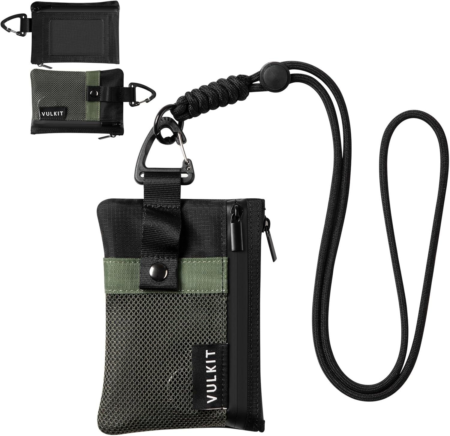 VULKIT Minimalist Small Wallet with ID Window, RFID Blocking Card Holder Water Resistant Zip ID Card Case Wallet with Lanyard Keychain for Cards,Cash,Key, Coin (Army-Green-Black)