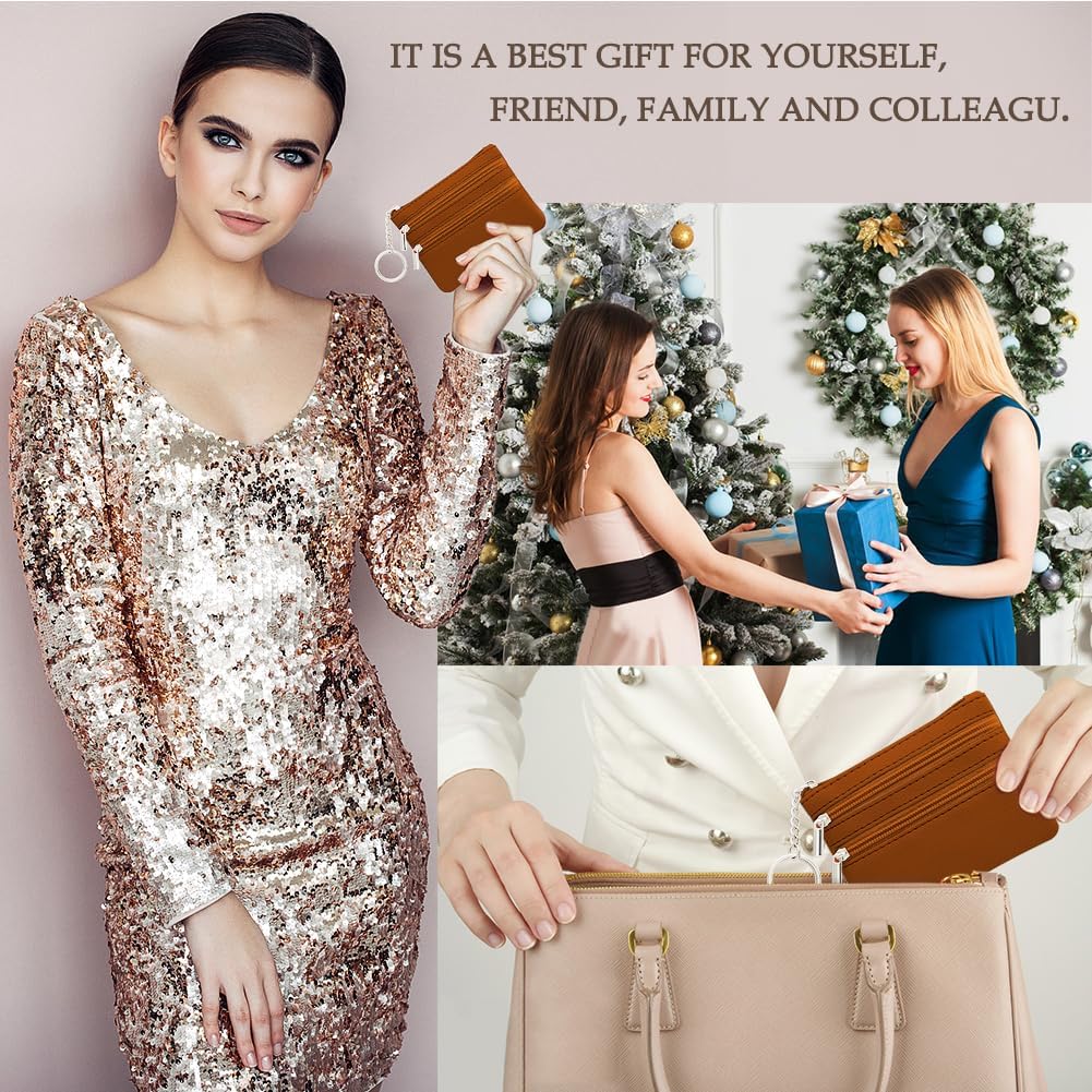 Women's Genuine Leather Coin Purse, Change Wallet, Mini Pouch Change Wallet, Zipper Mini Cash Wallet with Key Ring, Brown (LQB-ZE-01)