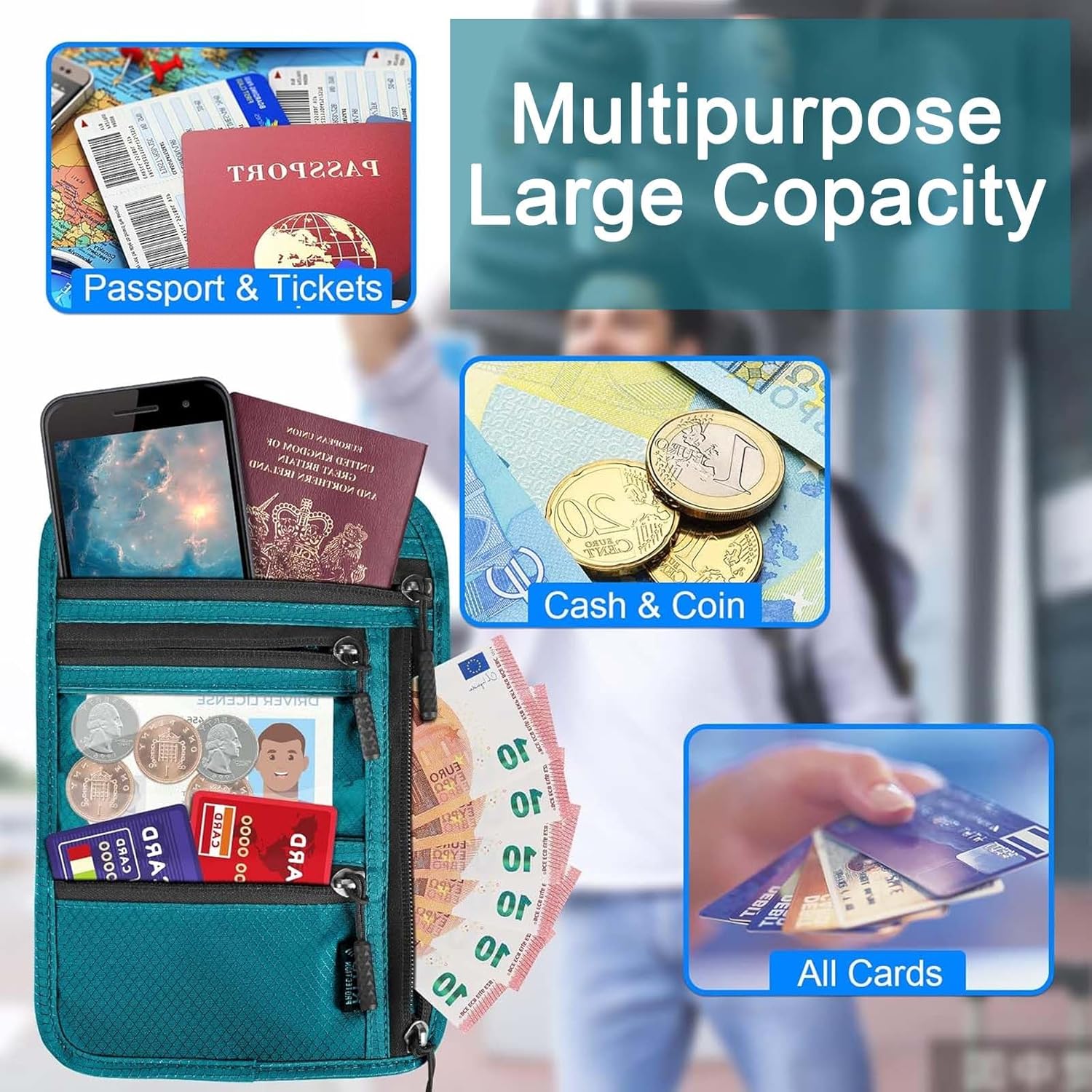 Travel Neck Wallet Passport Holder RFID Blocking Waterproof Passport Wallet Pouch Travel Document Holder Organiser Bag with Adjustable Neck Strap Men Women