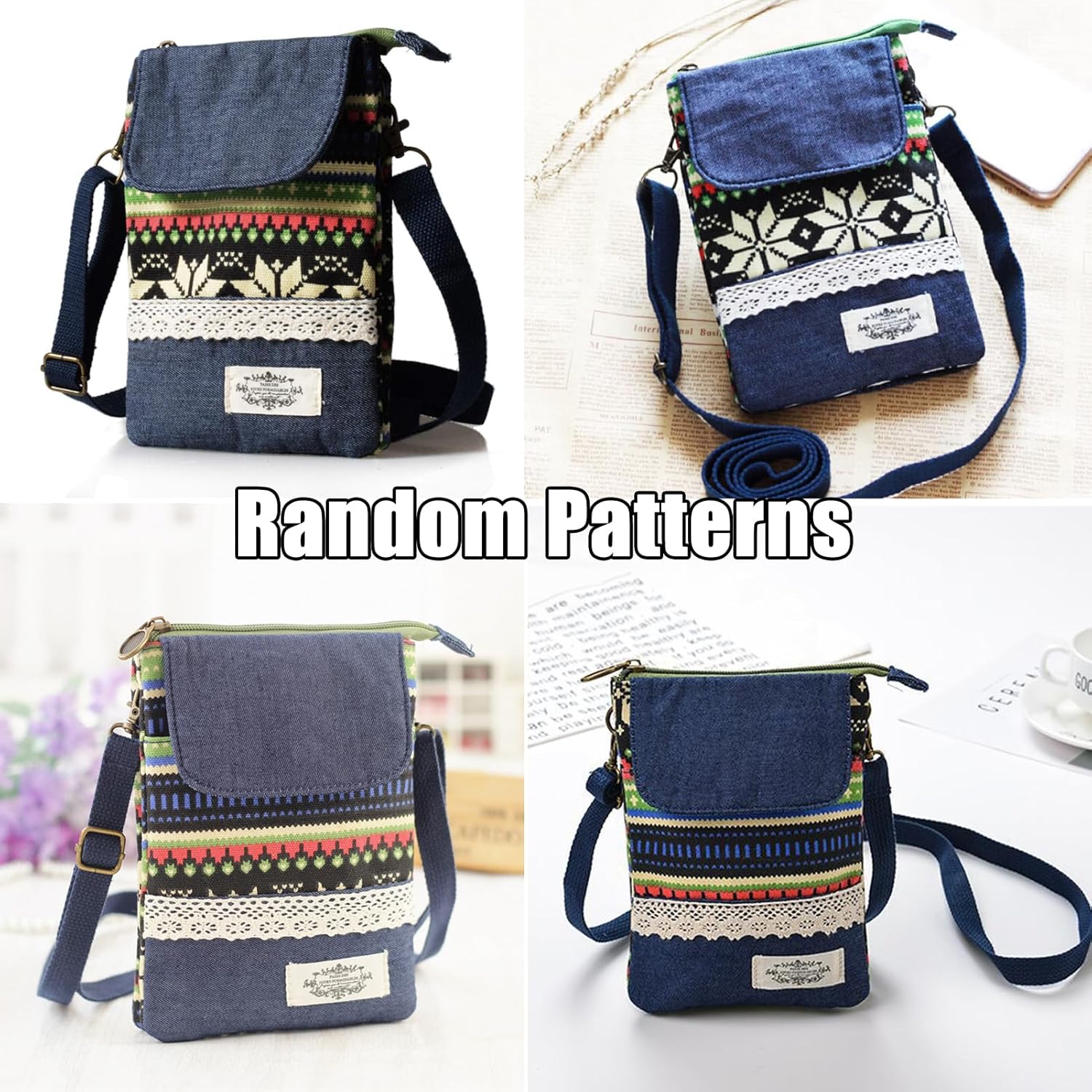 KXF Cell Phone Pouch Purse Wallet Canvas Zipper Ethnic Style Small Crossbody Messenger Bag Mini Shoulder Bag with Adjustable Shoulder Strap for Women Girls