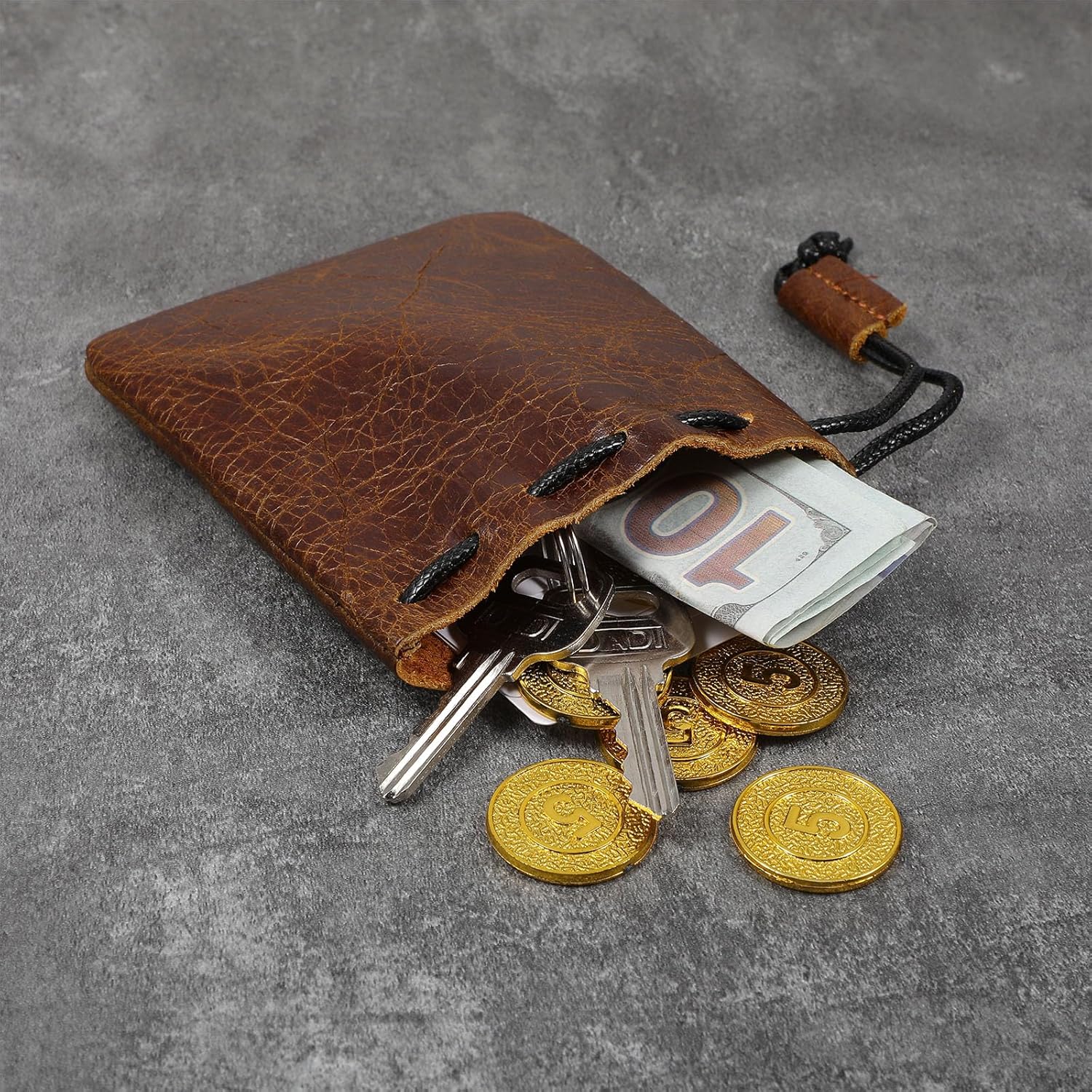 Leather Drawstring Pouch, Cowhide Storage Bag Small Waterproof Leather Pouch Vintage Jewelry Coin Purse, Wallet Gift (Small)