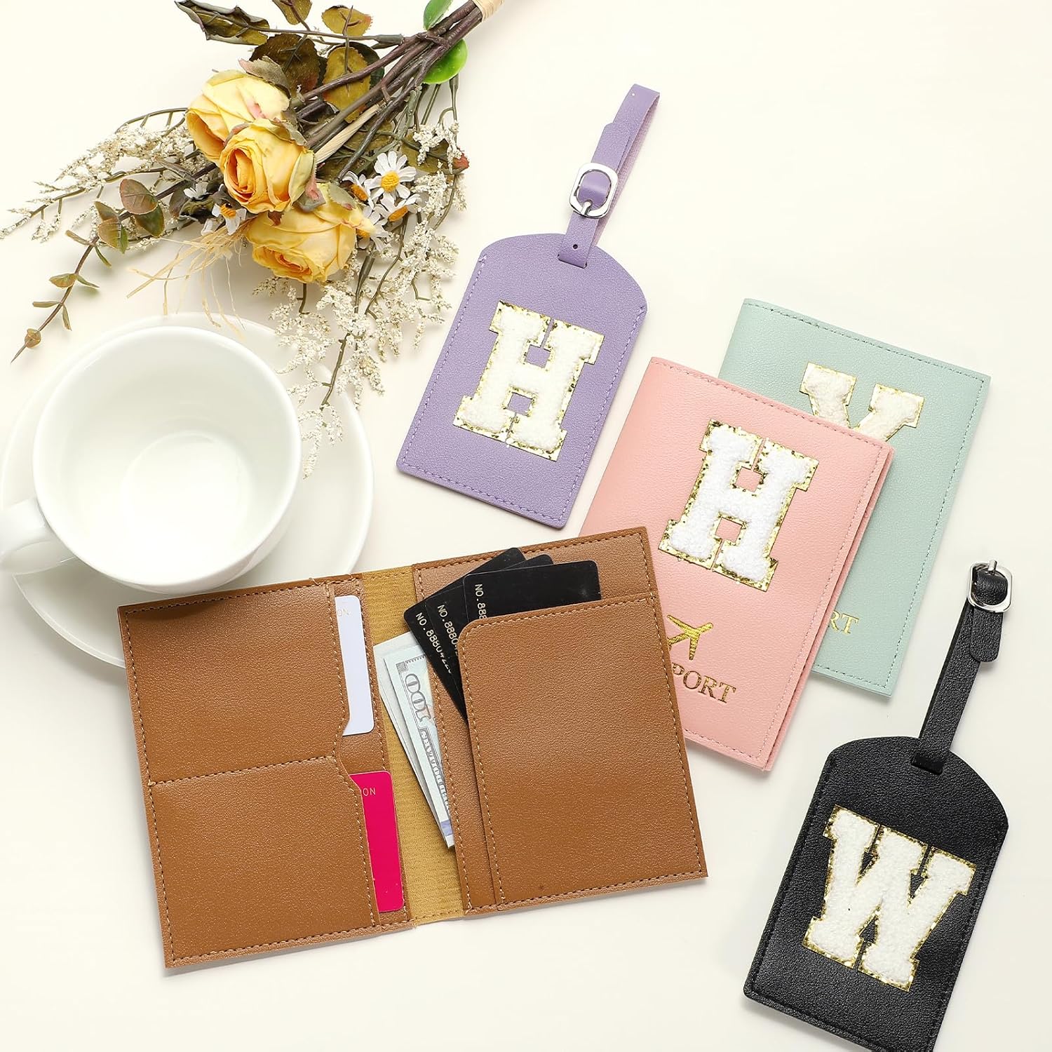 PATIKIL Passport Holder for Travel, Initial Passport Cover and Luggage Tag Set with Alphabet Chenille Letter Patch Travel Wallet Bag Suitcase Identifier for Women Family Travel Purple E