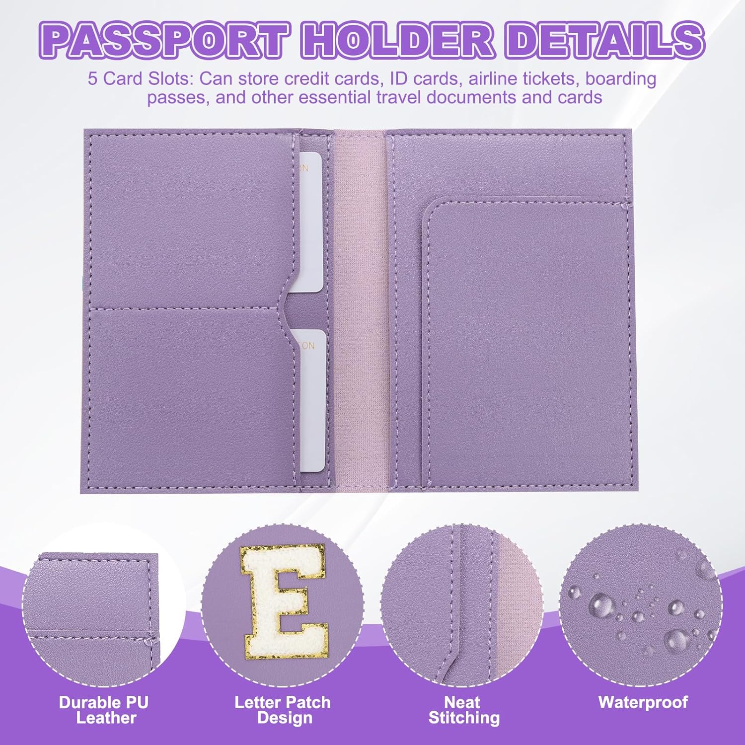 PATIKIL Passport Holder for Travel, Initial Passport Cover and Luggage Tag Set with Alphabet Chenille Letter Patch Travel Wallet Bag Suitcase Identifier for Women Family Travel Purple E