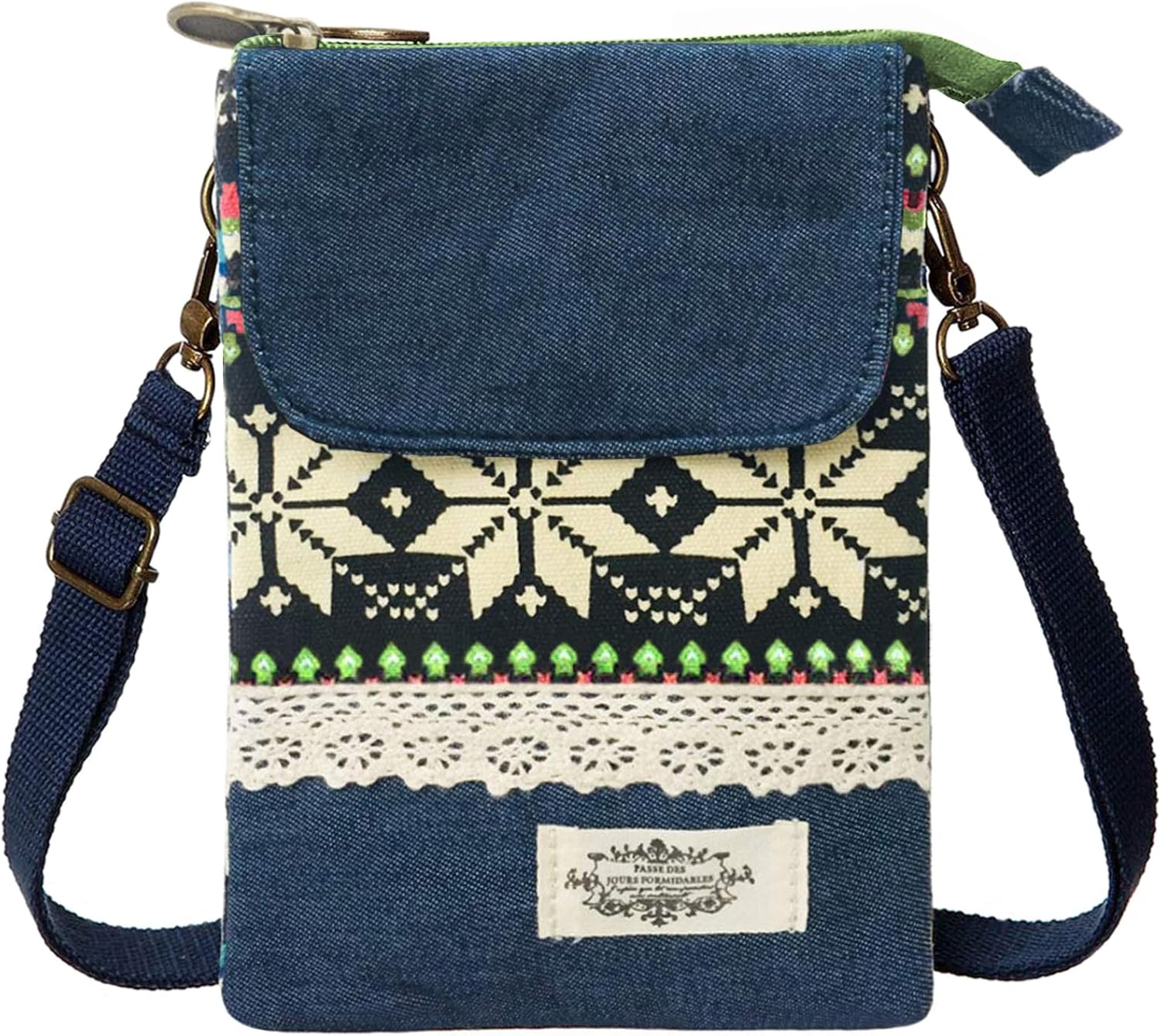 KXF Cell Phone Pouch Purse Wallet Canvas Zipper Ethnic Style Small Crossbody Messenger Bag Mini Shoulder Bag with Adjustable Shoulder Strap for Women Girls