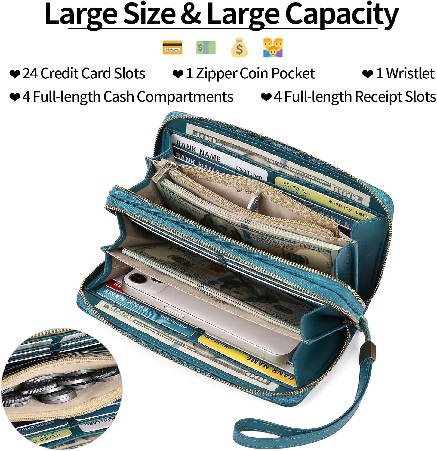 GAEKEAO Purses for Women Double Zipper Phone Clutch RFID Blocking Vegan Leather Wristlet Purse Large Capacity Long Credit Card Holder with Grip Hand Strap