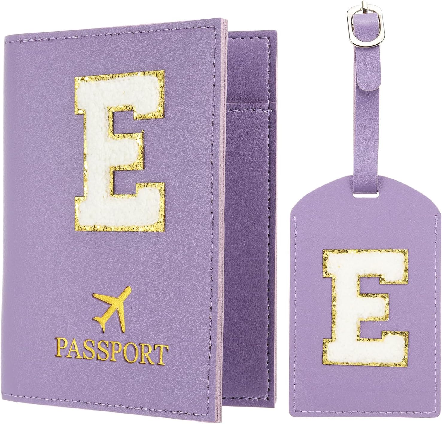PATIKIL Passport Holder for Travel, Initial Passport Cover and Luggage Tag Set with Alphabet Chenille Letter Patch Travel Wallet Bag Suitcase Identifier for Women Family Travel Purple E