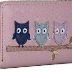 Woodland Leathers Italian Designed Women's Wallets, Card Cases & Money Organisers, Roomy, Super Soft and Fancy Ladies Purse Clutch, Multi Compartment Card Organiser Purse (Owls Pink)