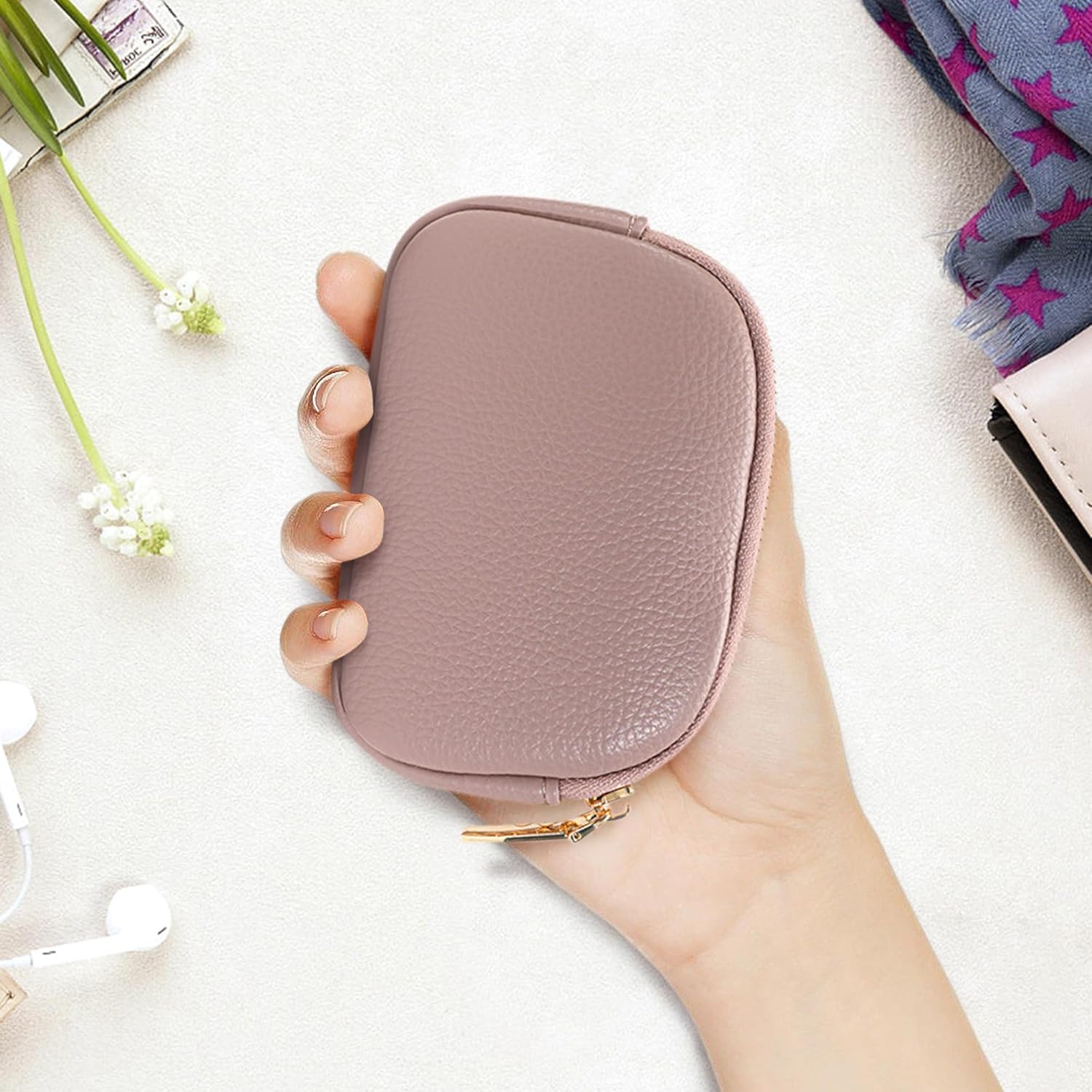 Women Small Coin Pouch Purses Mini Leather Change Wallet Women Zipper Pocket with Keychain (Pink)