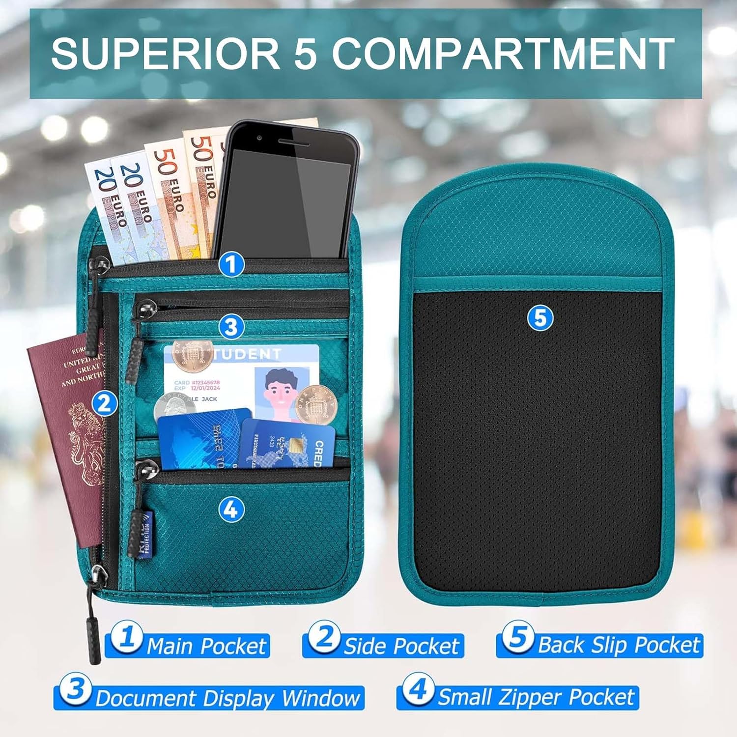 Travel Neck Wallet Passport Holder RFID Blocking Waterproof Passport Wallet Pouch Travel Document Holder Organiser Bag with Adjustable Neck Strap Men Women