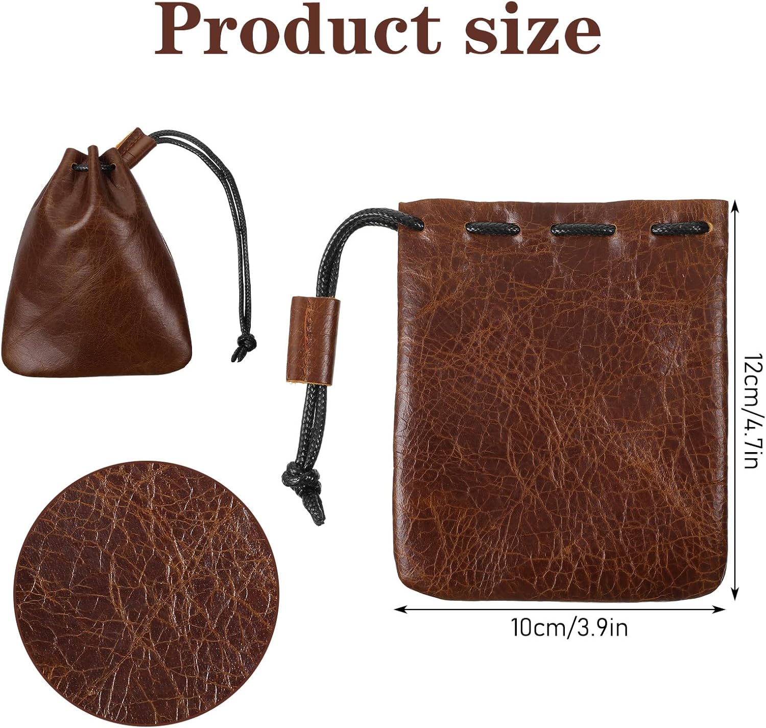 Leather Drawstring Pouch, Cowhide Storage Bag Small Waterproof Leather Pouch Vintage Jewelry Coin Purse, Wallet Gift (Small)