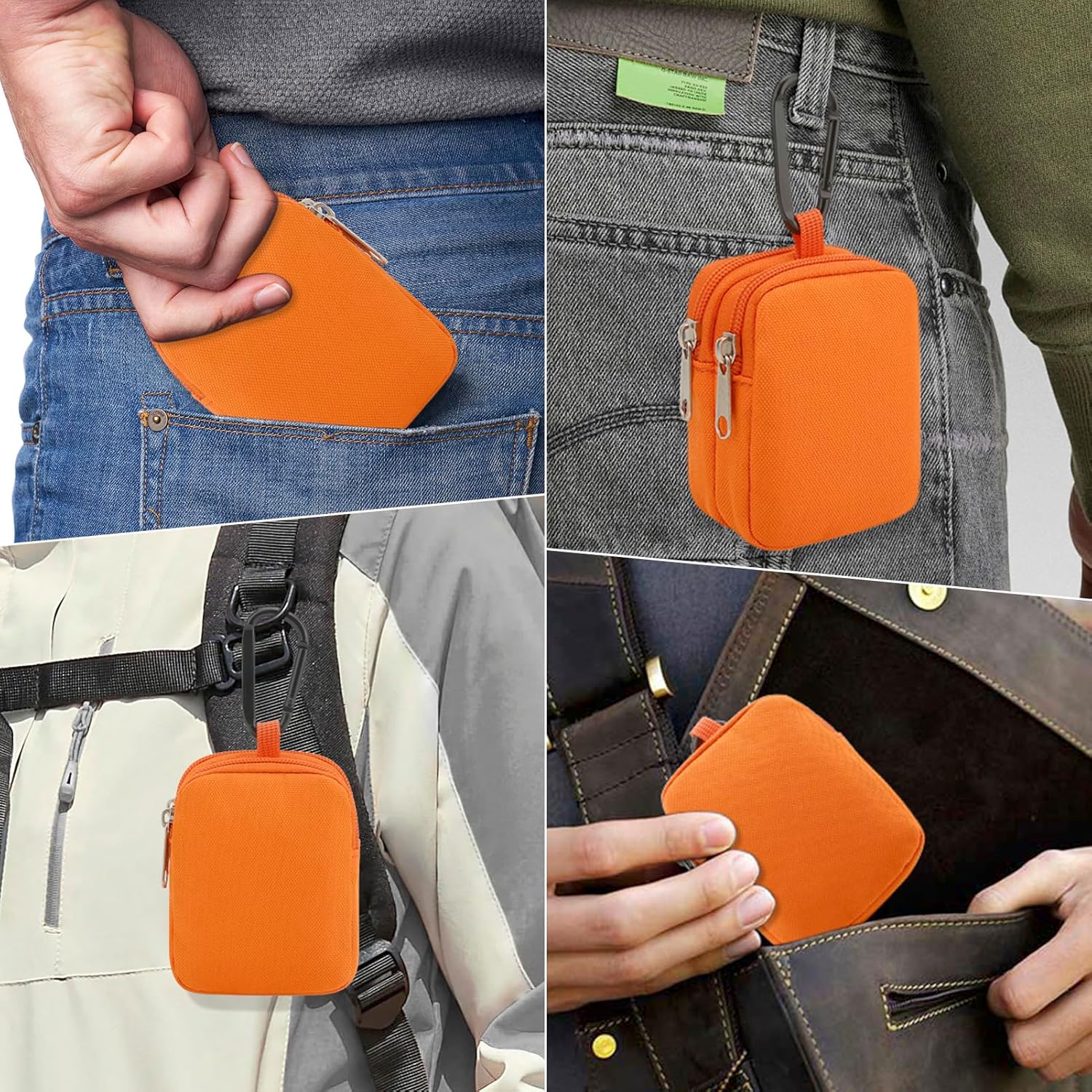 Mini Pouch Coin Purse Small Organizer Bag for Phone Charger, Airpods, Cables, Cards, Keys, Travel Gadget Bag Wallet Zipper Pocket with Hook (Orange)