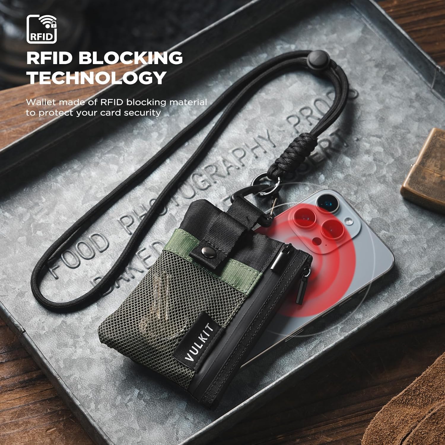 VULKIT Minimalist Small Wallet with ID Window, RFID Blocking Card Holder Water Resistant Zip ID Card Case Wallet with Lanyard Keychain for Cards,Cash,Key, Coin (Army-Green-Black)