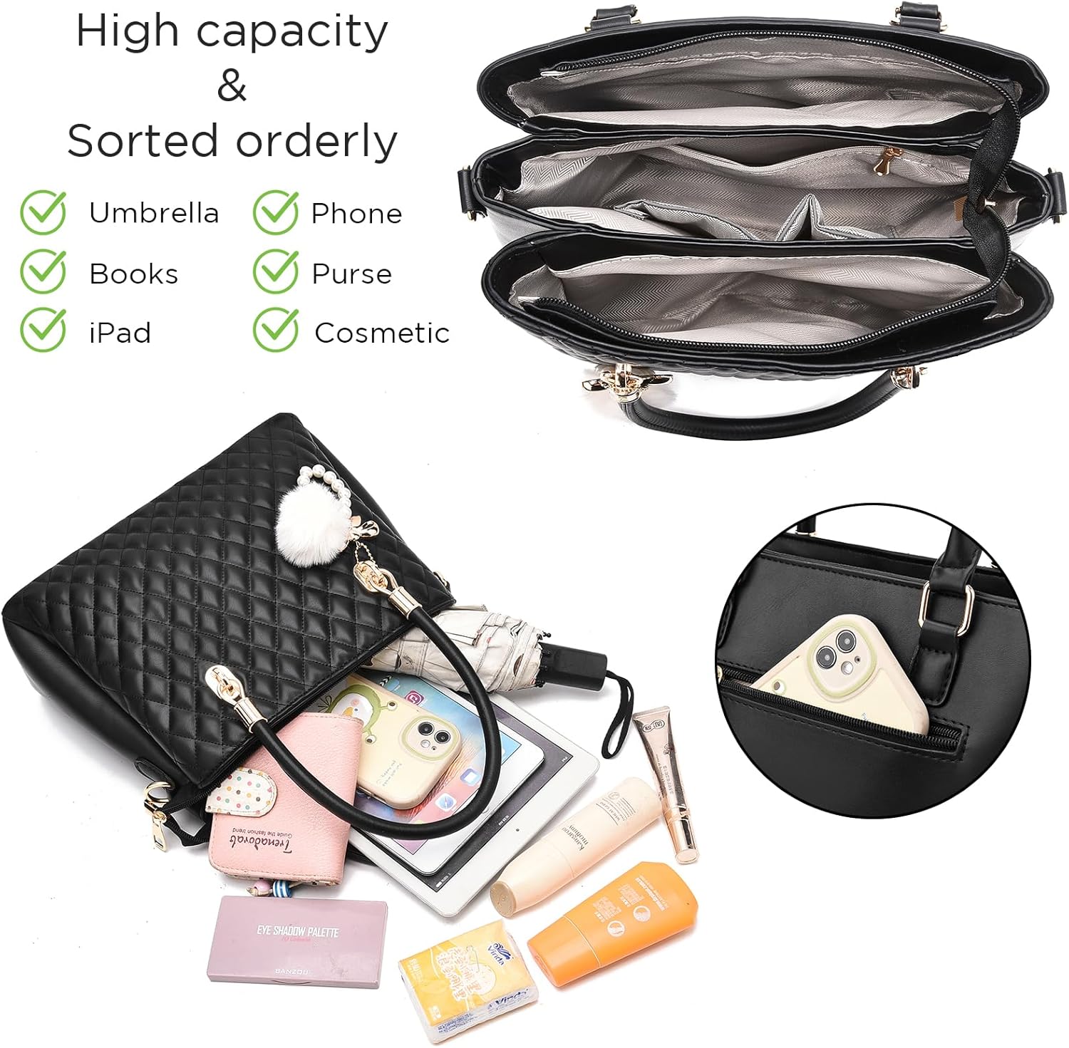 I IHAYNER Womens Leather Handbag and Wallet Set Top Handle Tote Satchel Shoulder Bag for Ladies with Pompom 2 Piece Purse Set