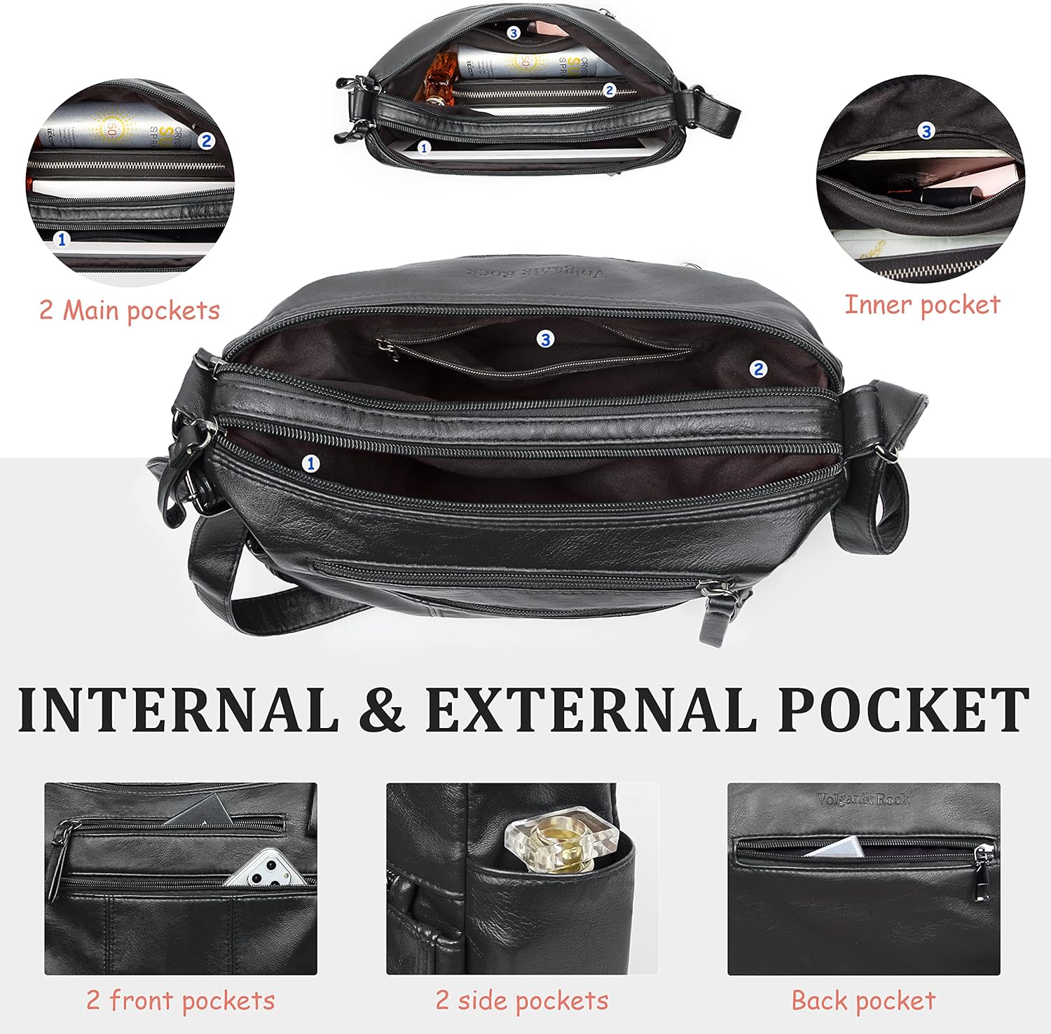 VOLGANIK ROCK Handbags for Women Shoulder bag for women Soft PU Leather Handbag Crossbody bag Multi Pockets Handbag shoulder bag Ladies handbags Travel Bag